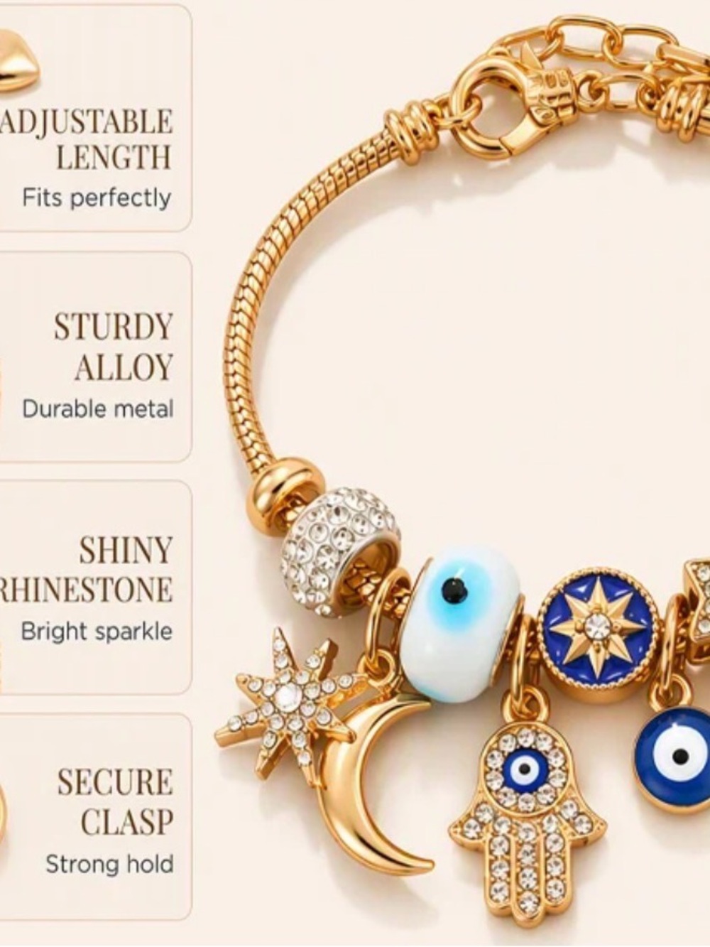 Gold Charm Bracelet with Blue and White Evil Eye Beads - Women Jewelry